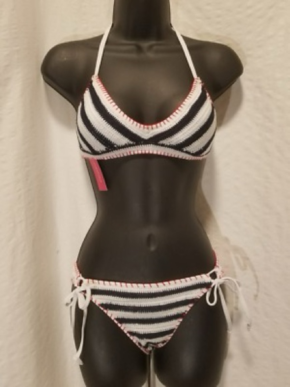 Striped Crochet Tie-Side Bikini - White & Black